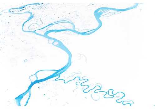 Die Bearbeitung des Materials M1 hat eine Veränderung bewirkt. Der ursprünglich gelb strahlende Amazonas erscheint nun in einem hellen Blauton. Durch diese Anpassung ist der einst sichtbare Regenwald nicht mehr erkennbar, und der Hintergrund präsentiert sich nun in einem Weiß mit vereinzelten blauen Punkten.