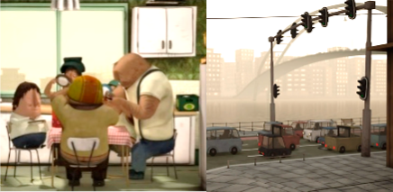 Das Bild zeigt zwei Szenen: Auf der linken Seite ist Eryk mit seiner Familie zu sehen, wie sie gemeinsam am Küchentisch sitzen und essen. Auf der rechten Seite kämpfen Autos durch den Feierabendverkehr in einer Großstadt.