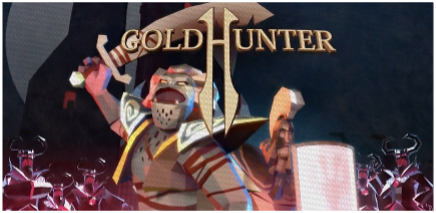 Das Bild zeigt eine heldenhafte Figur des Videospiels Gold-Hunter. Die Spielfigur ist mit einem Säbel in der rechten Hand abgebildet und wird von weiteren Figuren des Spiels im Hintergrund begleitet.