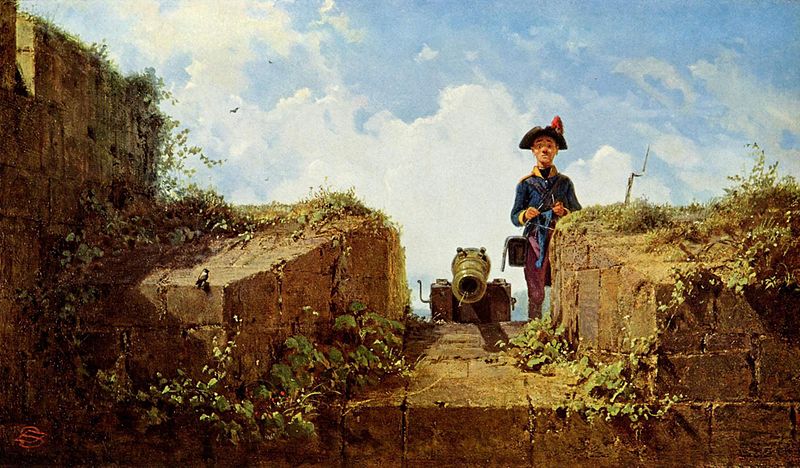 Der strickende Wachposten, ein Gemälde von Carl Spitzweg aus dem Jahr 1855