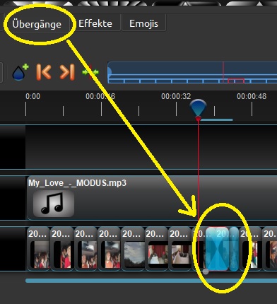 Screenshot des Bildschirms zum Einfügen von Übergängen im Video