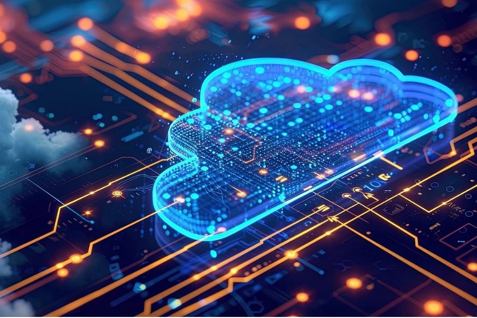 Eine in Neonblau stilisierte Wolke schwebt über leuchtenden Leiterbahnen: KI-generiertes Bild zum Cloud-Computing