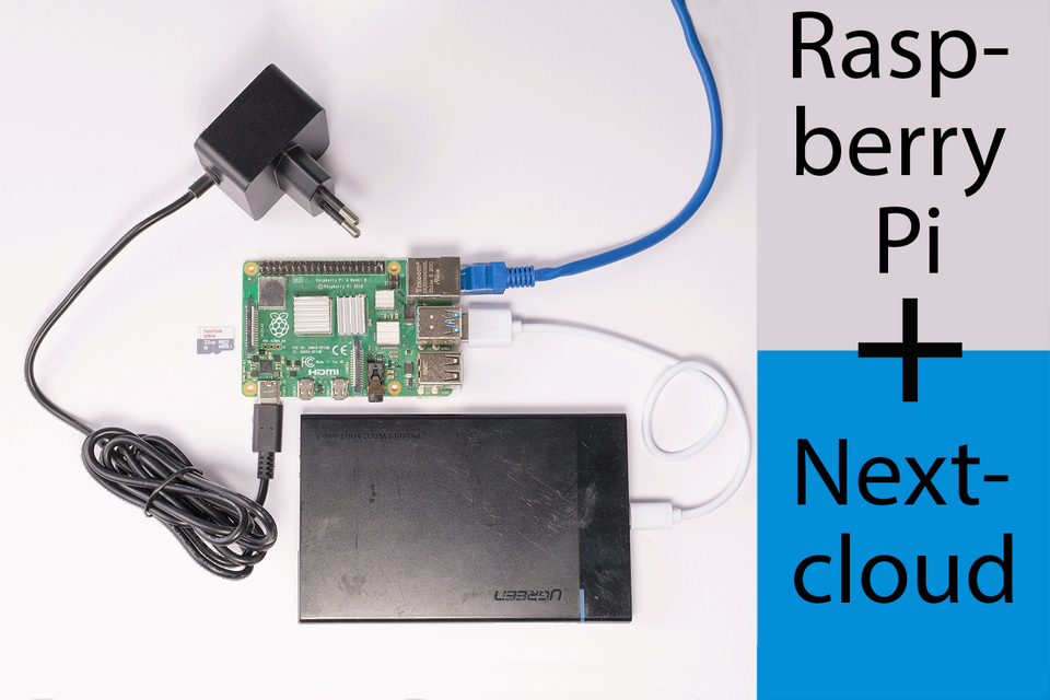 Auf einem Schreibtisch sind ein Raspberry Pi samt Netzteil und externer Festplatte ausgebreitet. Am rechten Bildrand findet sich die Begriffskombination 'Raspberry Pi + Nextcloud'