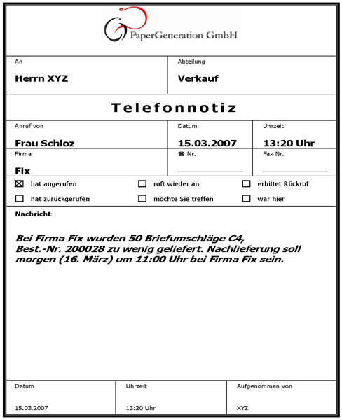 Telefonnotiz online ausfüllen