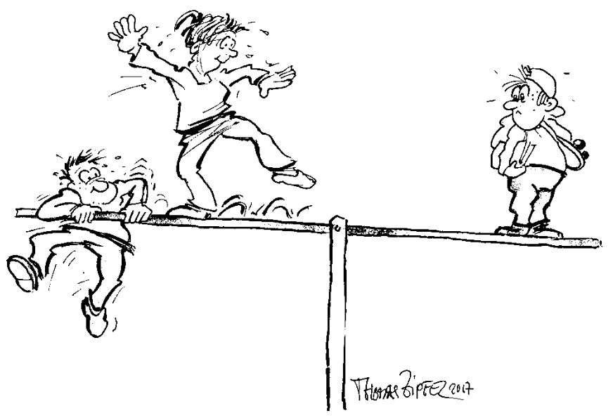 Karikatur: Balanceakt auf einer Wippe. Schüler steht rechts auf der Wippe und schaut zwei Erwachsenen dabei zu wie sie auf der linken Seite krampfhaft versuchen die Balance zu halten.