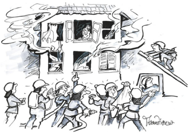 Karikatur: Brennendes Haus, Bewohner im ersten Stock am Fenster, Feuerwehr in Aktion.