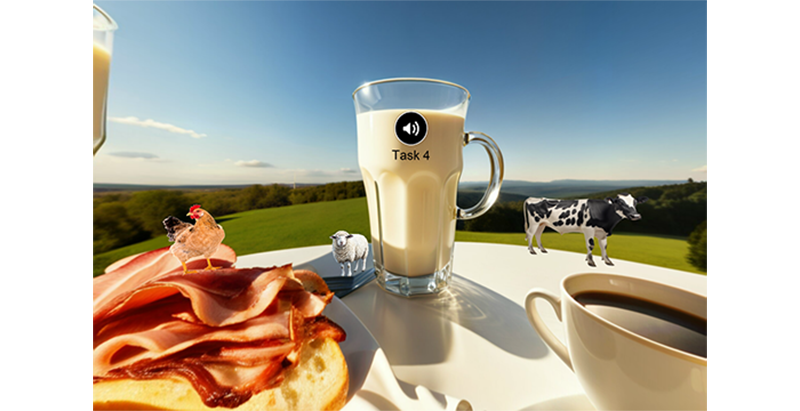 Frühstücksszene im Freien mit einem Glas Milch mit Lautsprecher-Symbol und der Aufschrift ‚Task 4‘; daneben Kaffee, Brot mit Speck sowie kleine Darstellungen von Huhn, Schaf und Kuh vor einer grünen Landschaft.