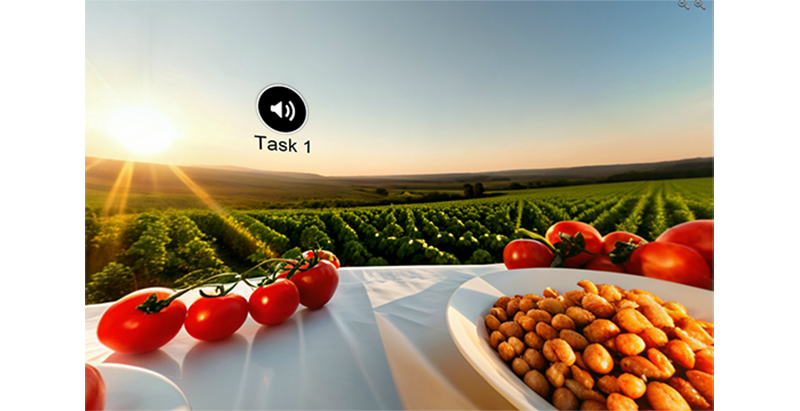 Tisch mit Tomaten und einem Teller Bohnen vor einem großen Gemüsefeld bei Sonnenaufgang; darüber ein Lautsprecher-Symbol mit der Aufschrift ‚Task 1‘