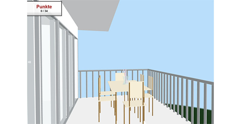 3D-Ansicht eines Balkons mit einem Stuhl