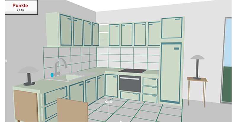 3D-Ansicht einer Küche mit Schränken, Spüle, Herd und Kühlschrank