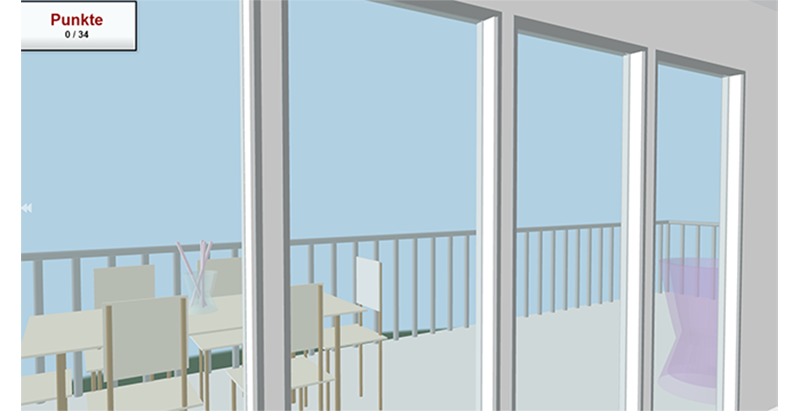 3D-Ansicht Blick vom Schlafzimmer durch das Fenster auf den Balkon