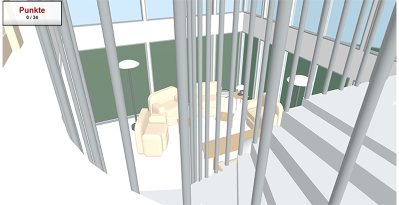 3D-Ansicht Blick vom Treppenhaus im Obergeschoss in das Wohnzimmer