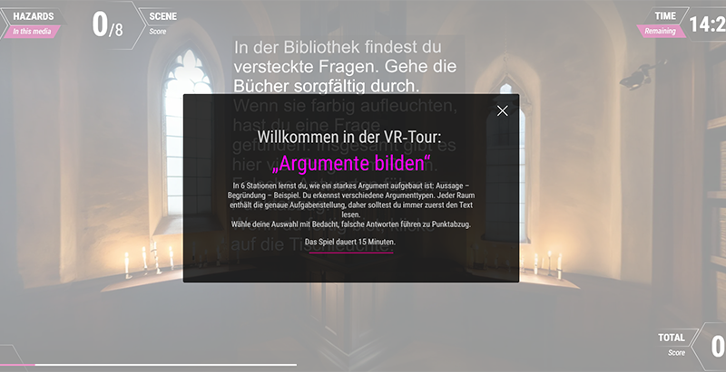 Startbildschirm einer VR-Tour zum Thema Argumentation: Ein Hinweisfenster erklärt den Ablauf der 15-minütigen Tour mit sechs Stationen; im Hintergrund ist eine virtuelle Bibliothek zu sehen.