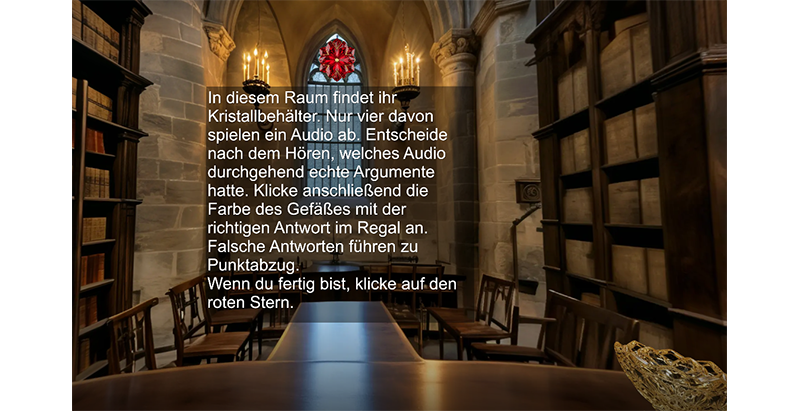 Virtuelle Bibliothek mit langen Holztischen und Bücherregalen. Ein eingeblendeter Text erklärt eine Hörübung zu echten und falschen Argumenten.