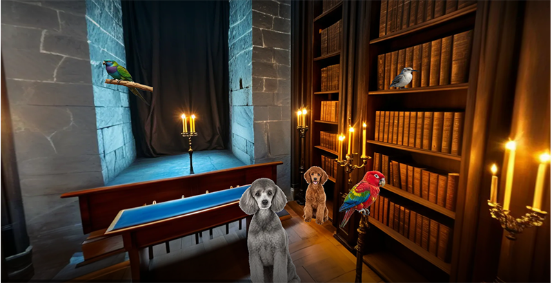 Virtuelle Bibliothek mit Bücherregalen, Kerzenleuchtern und einem langen Tisch mit blauer Fläche. Im Raum stehen zwei Hunde und ein bunter Papagei; zwei weitere Vögel sitzen auf einem Regal und an der Wand.