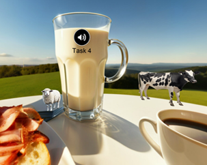 Tisch auf dem Brot mit Schinken, Milch und eine Tasse Kaffee steht