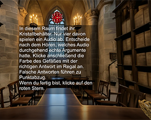 Virtuelle Bibliothek mit langen Holztischen und Bücherregalen. Ein eingeblendeter Text erklärt eine Hörübung zu echten und falschen Argumenten.