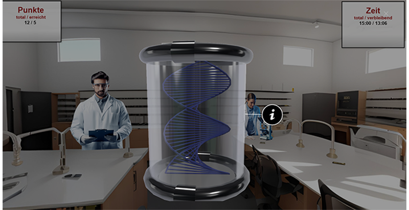 Szene in einem Labor: Forschende arbeiten an Tischen, im Zentrum ein großes, transparentes Gefäß mit einer dargestellten DNA-Doppelhelix; zusätzlich Info-Symbol sowie Punkte- und Zeitanzeige eingeblendet.