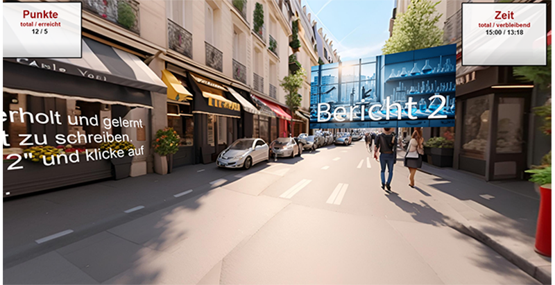 Szene in einer belebten Stadtstraße mit Cafés und parkenden Autos; zwei Personen gehen die Straße entlang. Eingeblendet sind Spielhinweise zu „Bericht 2“ sowie Punkte- und Zeitanzeige.