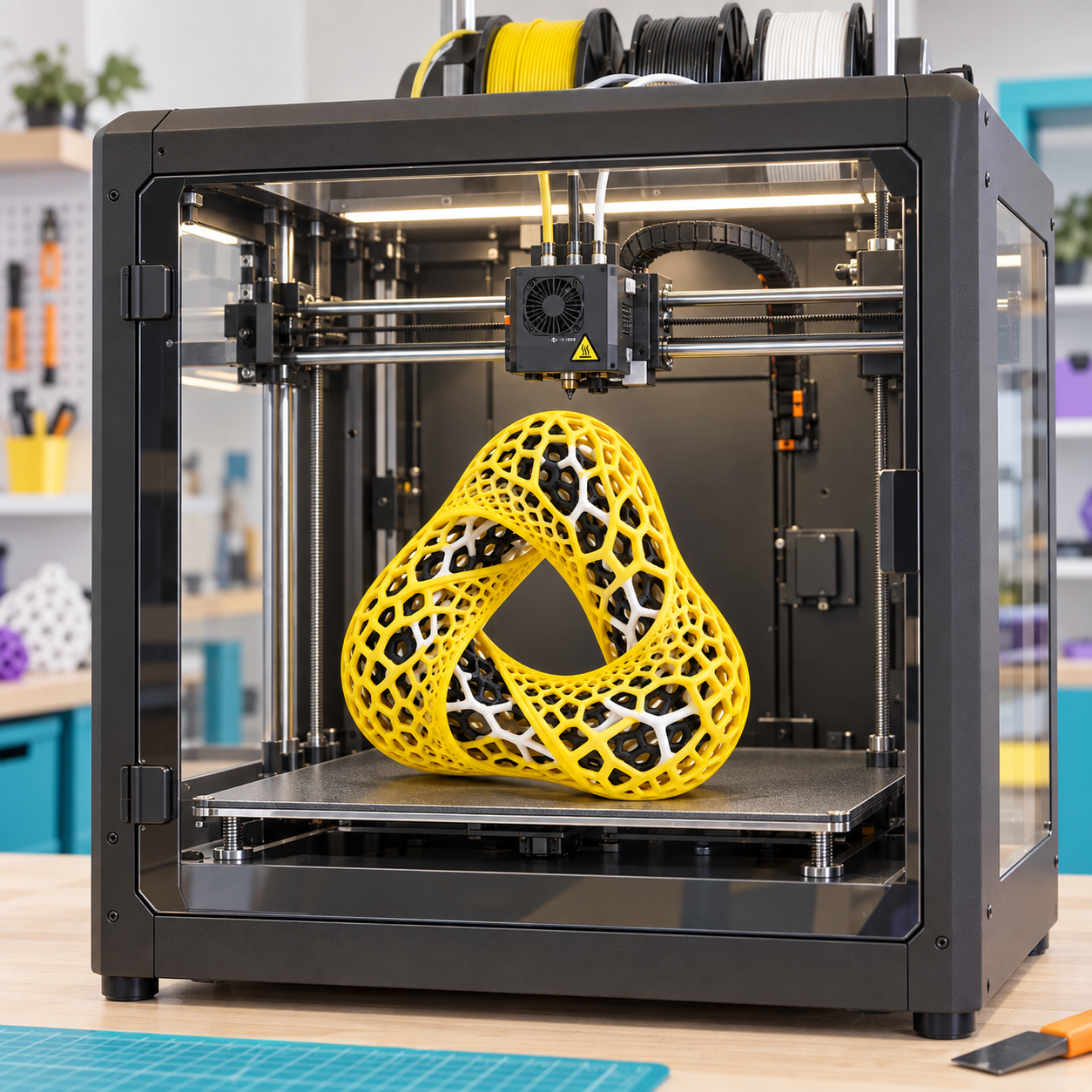 Gelbe Möbius-Schleife mit Voronoi-Gitter in einem 3D-Drucker.