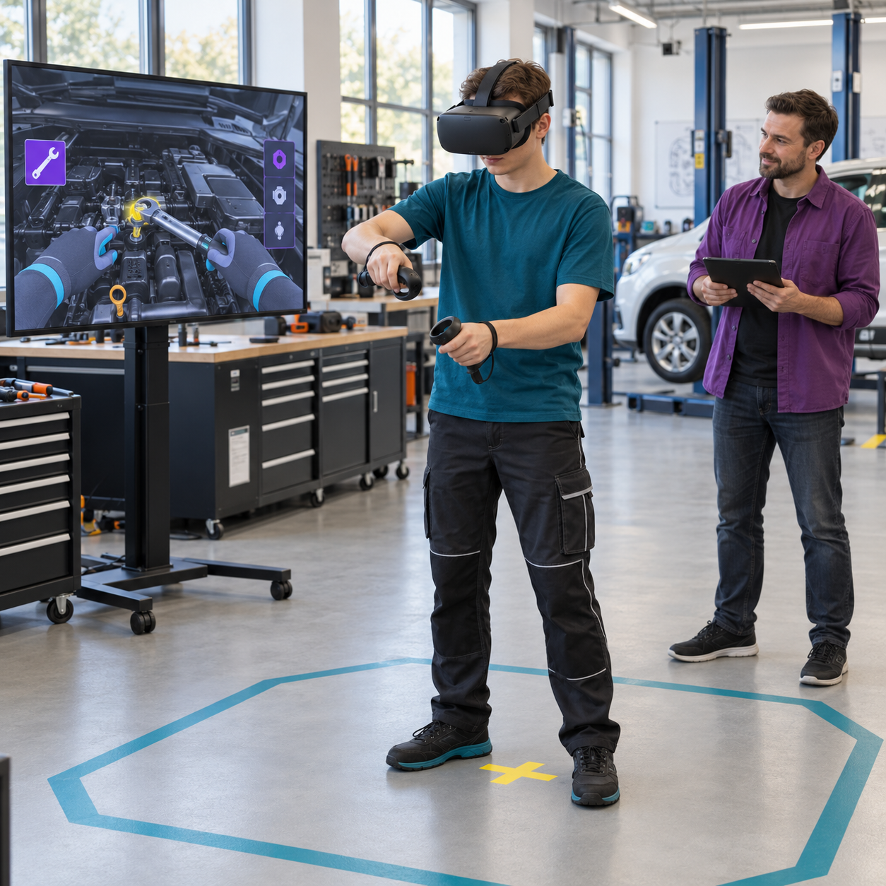KFZ Lehrling übt mit Hilfe einer VR-Brille die Reperatur eines Autos. Seine Reparatur wird auf ein Bildschirm übertragen, hinter dem Lehreling steht eine Lehrer, der den Prozess verfolgt.