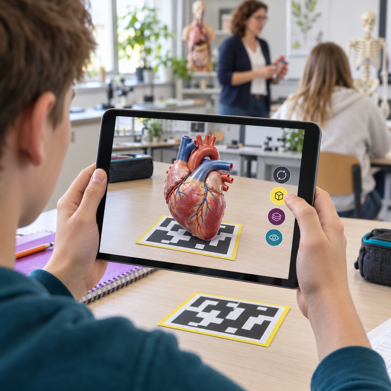 Zene aus einem Biologieunterricht, in der ein Schüler eine AR Darstellung des Herzes auf einem Tablet betrachtet.