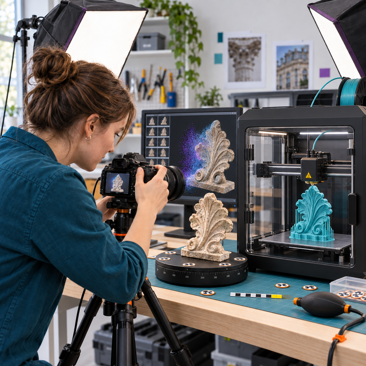 Eine Frau überträgt mit Hilfe einer Kamera ein Objekt auf ihren PC und ein 3D-Drucker ist gerade dabei dieses Objekt zu durcken.