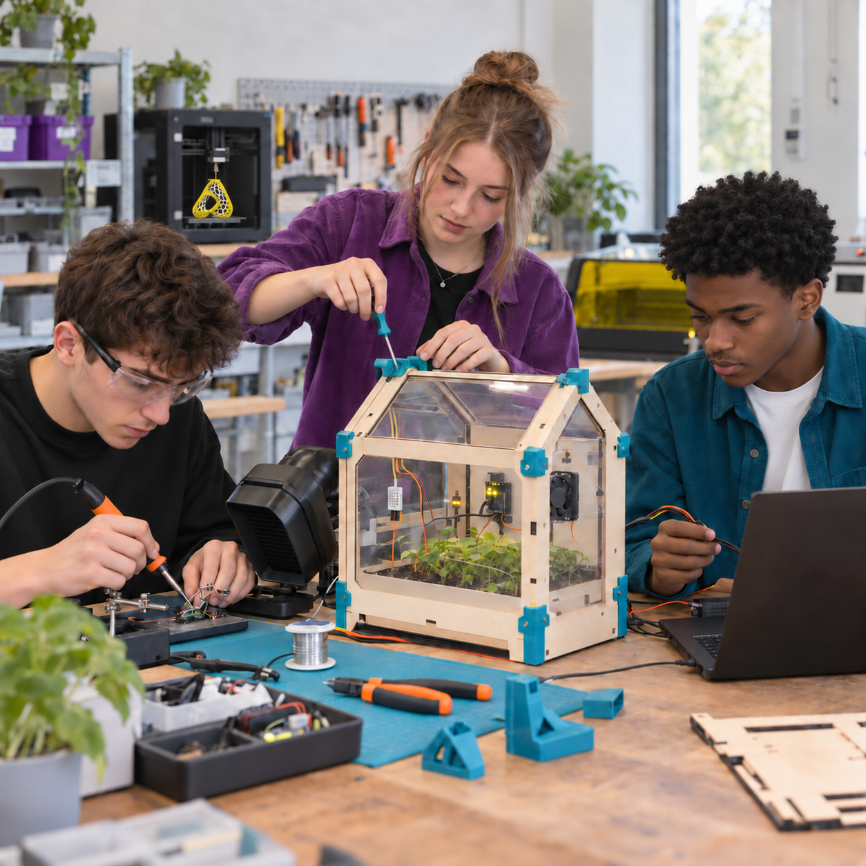 Lernende bauen ein Gewächsaus mit Hilfe von 3D-Druck-Elementen, lasergeschnittenem Holz und verschiedenen Sensoren.