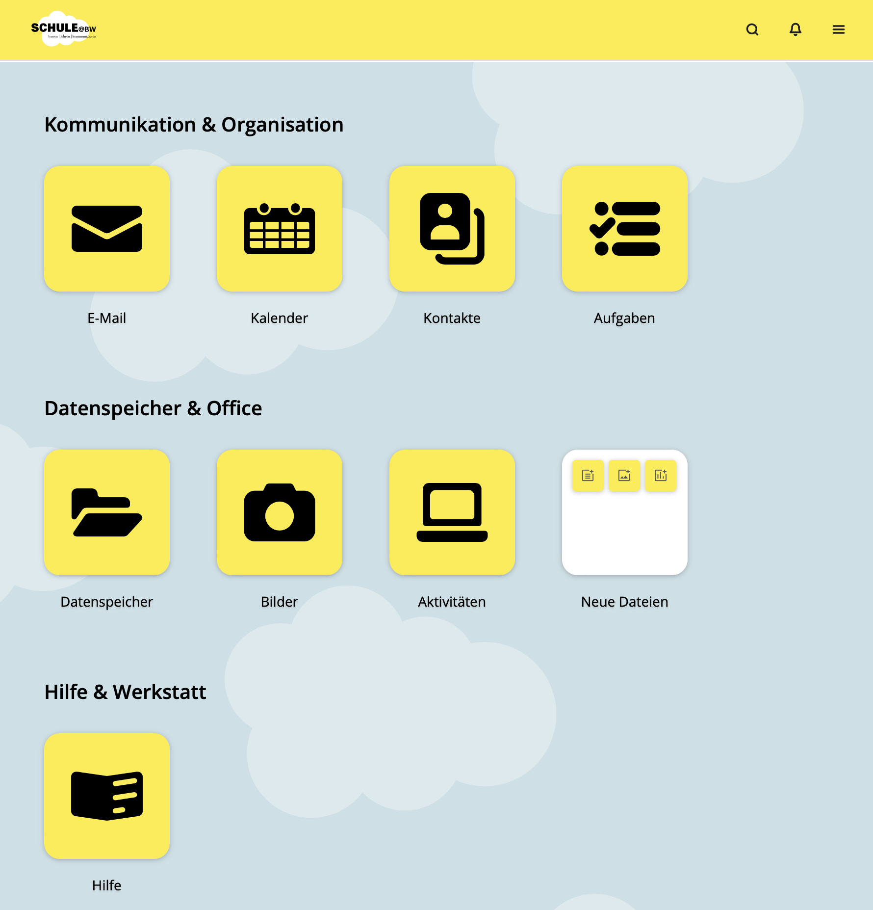 Screenshot des Dashboard, das drei große Bereiche abbildet: Kommunikation und Organisation, Datenspeicher und Office sowie Hilfe und Werkstatt