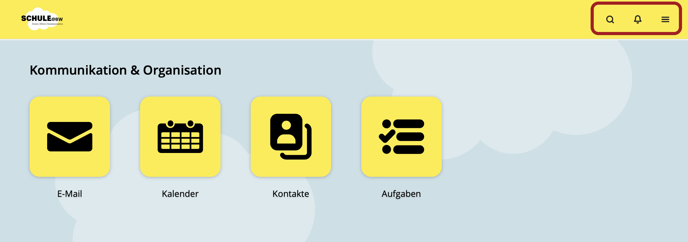 Screenshot des Benutzermenüs im Dashboard des DAP oben rechts in der Kopfzeile mit 3 Icons: eine Lupe, eine Glocke und ein Burgermenu