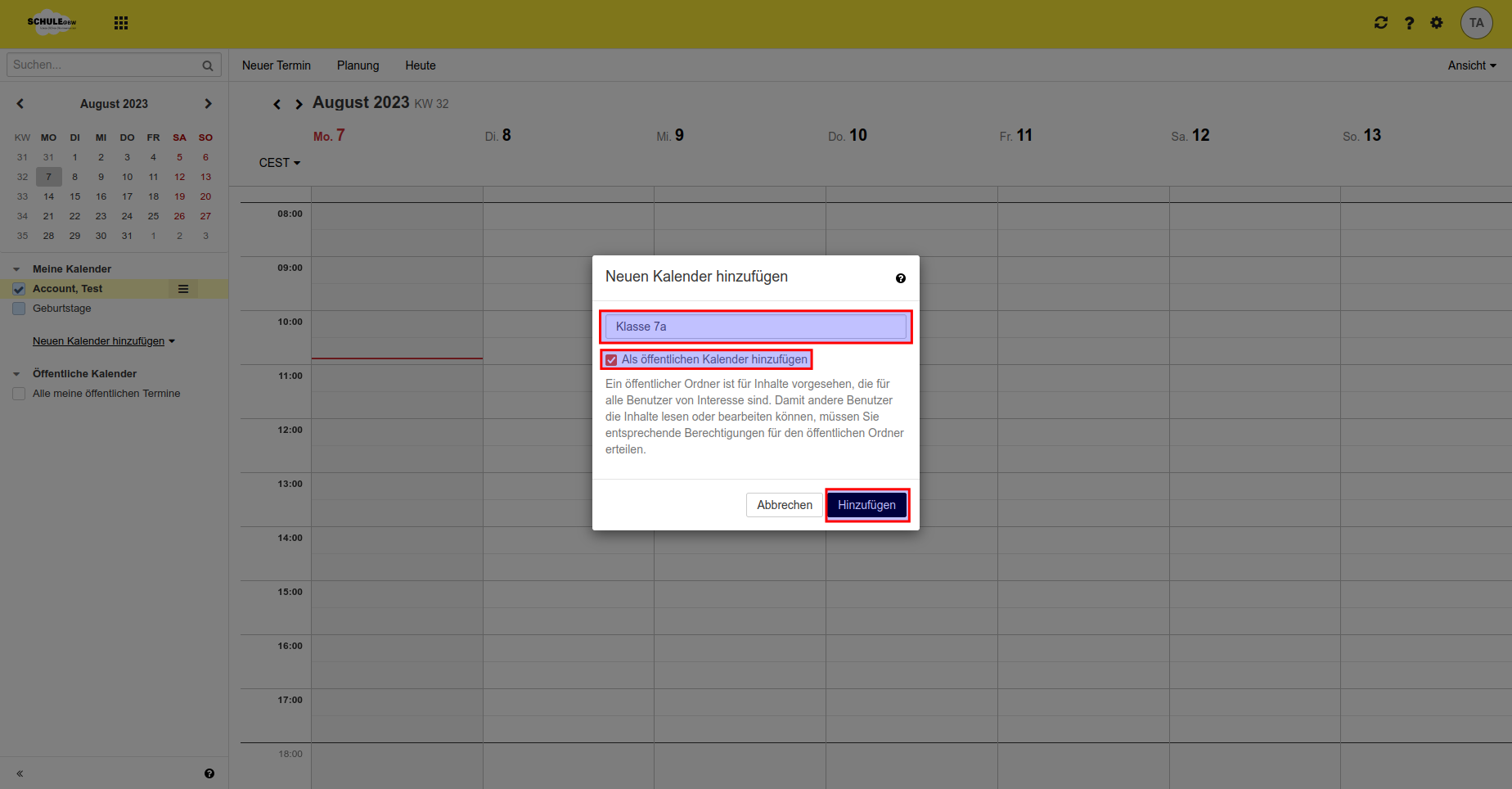 Screenshot eines Dialogfensters, in dem im Eingabefeld der Namen des neuen Kalenders angegeben werden kann (hier: Klasse 7a). Es ist ein Häkchen bei <em />Als öffentlichen Kalender hinzufügen</em> gesetzt und es wurde der Button <em>Hinzufügen</em> markiert.