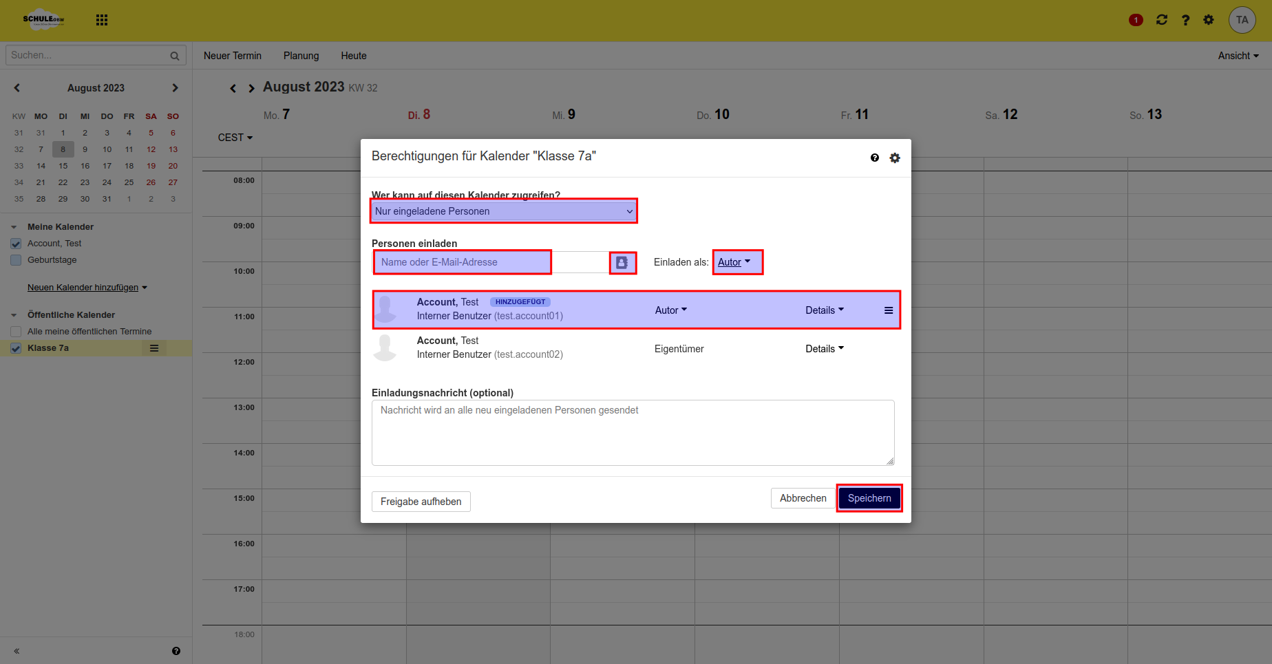 Screenshot des Dialogfensters, das zeigt, wie Sie Personen einladen, welche Zugriff auf den Kalender erhalten sollen. Hervorgehoben ist die empfohlene Einstellung 'Nur eingeladene Personen'.