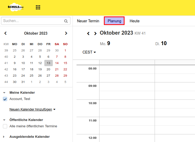 Screenshot des Kalenders, bei dem oben im in der Menüleiste der Button 'Planung' hervorgehoben ist.