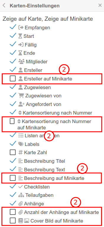 Bildschirmfoto: Menü „Karten-Einstellungen“. Viele Optionen, die mithilfe eines Häkchens als aktiviert beziehungsweise mithilfe eines leeren Kästchens als deaktiviert dargestellt werden.