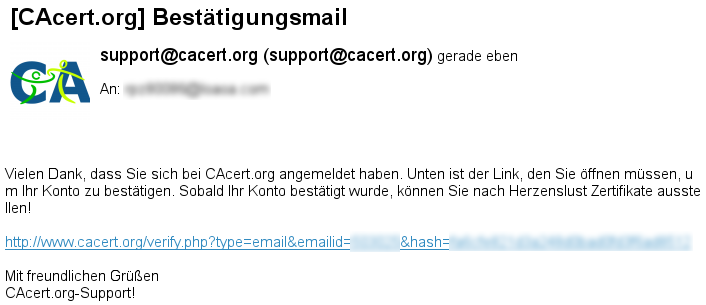 CAcert-Kontrollmail beim Anlegen eines Benutzerkontos