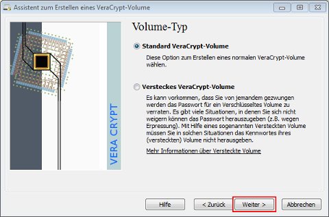 Standard VeraCrypt-Volume ausgewählt lassen