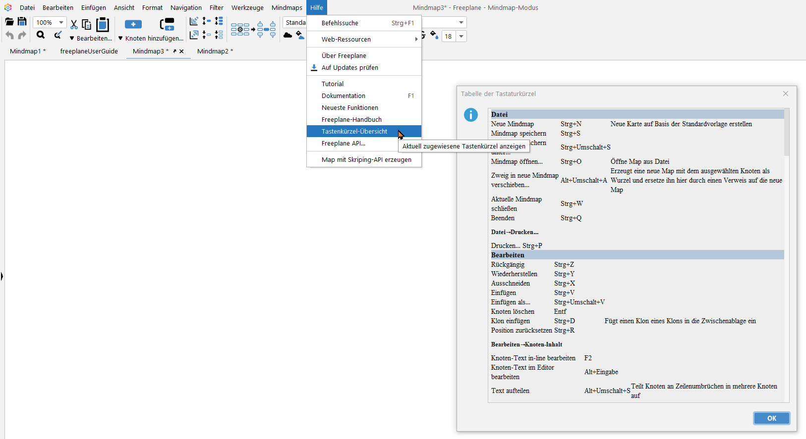 Tastenkürzel-Übersicht Freeplane