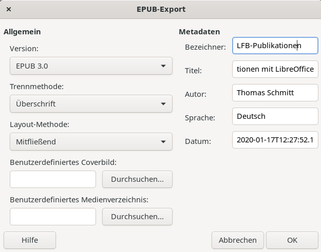 ePub-Export Einstellungen in LibreOffice Writer