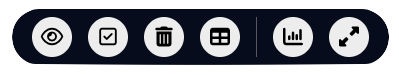 Iconleiste eines Quizzes während die Teilnehmerinnen antworten.
Von Links nach rechts:
Auge, Checkbox, Mülltonne, Tabelle, Senkrechter Trennstrich, Statistik und Vollbild-Pfeile