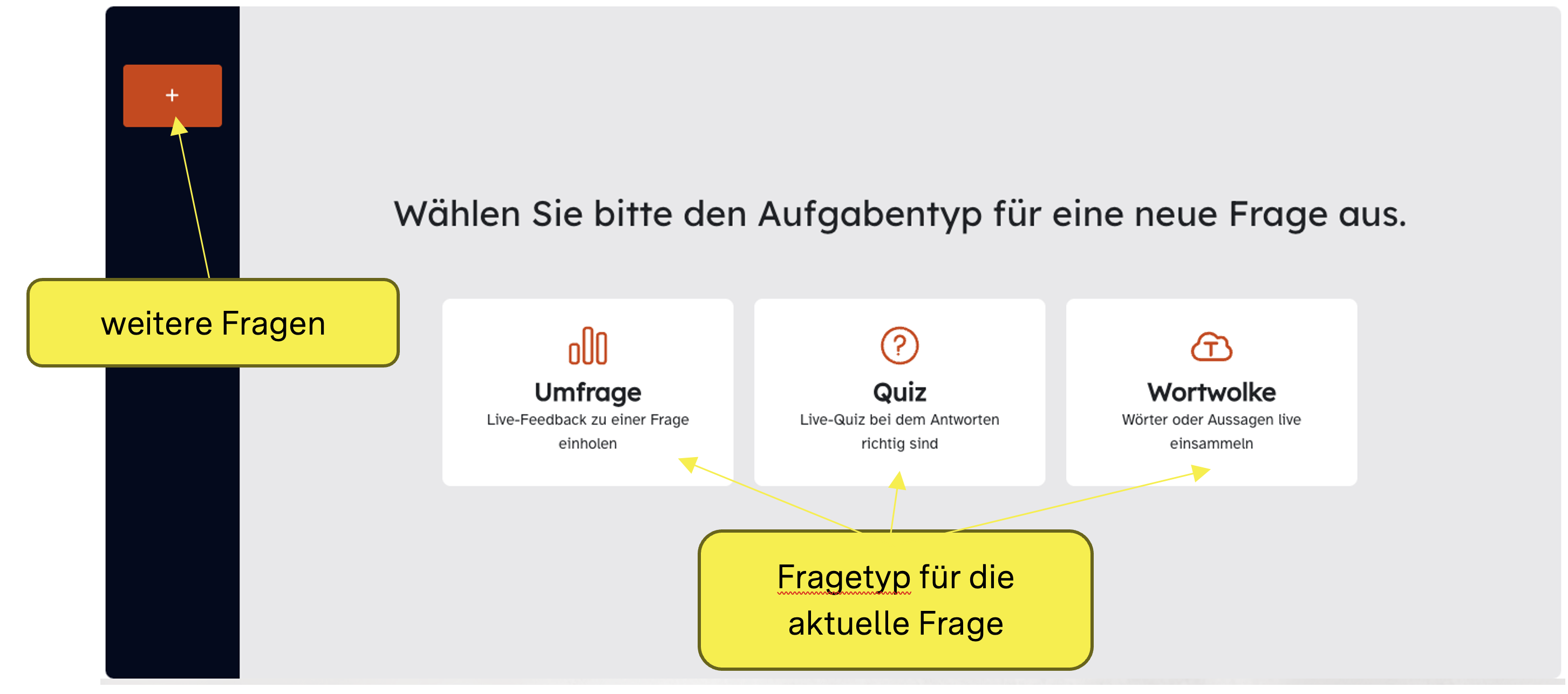 Der Startbildschirm der Mootimeter-Aktivität: Links ein schwarzer Balken mit einem roten Rechteck mit einem Plus-Symbol in der Mitte, mit dem man weitere Fragen hinzufügen kann.
Rechts die Übersicht, welche Fragetypen (Umfrage, Quiz, Wortwolke) es gibt.
