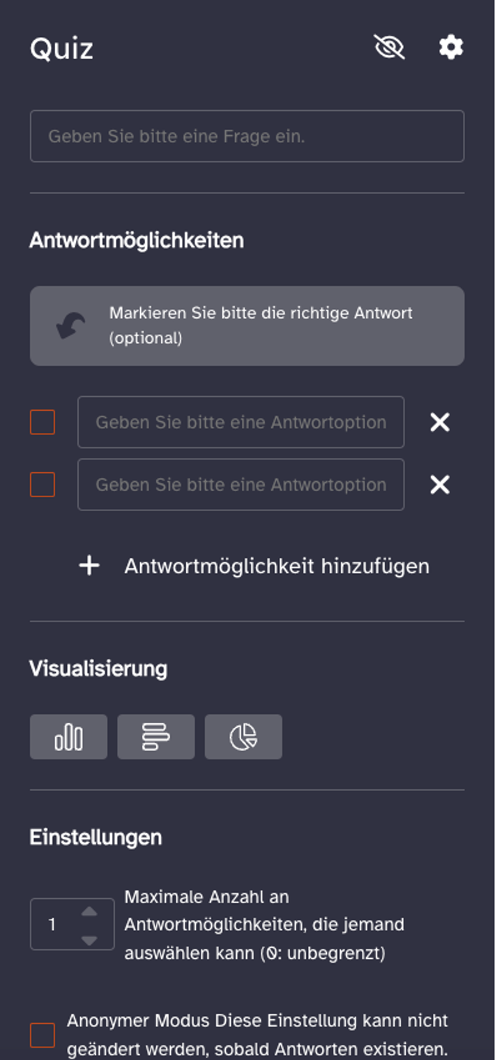 Konfigurationsformular für das Quiz. Vier Bereiche sind übereinander angeordnet. Ganz oben das Feld für die Frage, darunter die Antwortmöglichkeiten mit Auswahl, welche Antworten korrekt sind. Im dritten Abschnitt Schaltflächen für Balken- oder Tortendiagramm und ganz unten die maximale Anzahl an Antwortmöglichkeiten sowie die Auswahl, ob das Quiz anonym sein soll.