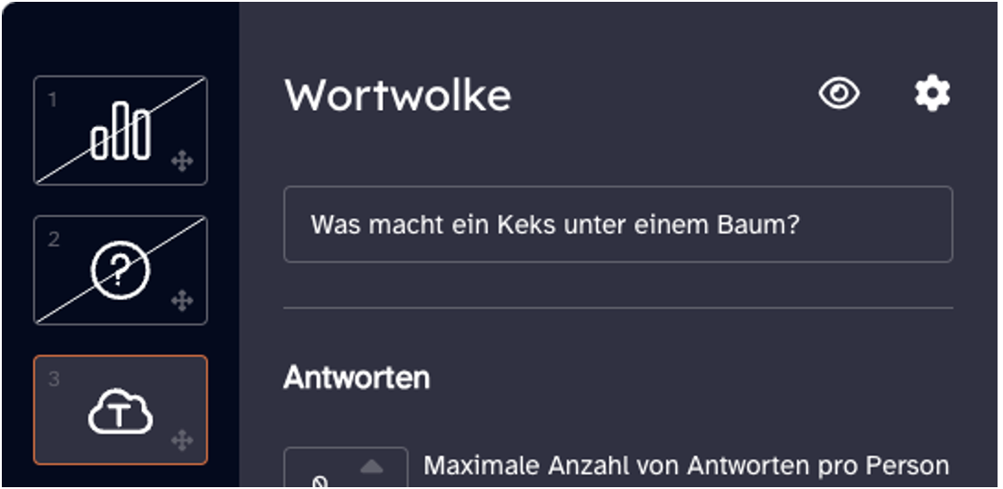 Der gleiche Bildschirmausschnitt wie oben drüber, aber diesmal mit freigeschaltetem Fragetyp "Wortwolke"