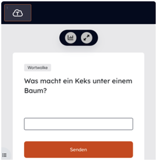 Der gleiche Bildschirmausschnitt wie oben drüber, aber diesmal mit freigeschaltetem Fragetyp "Wortwolke" aus Teilnehmendensicht