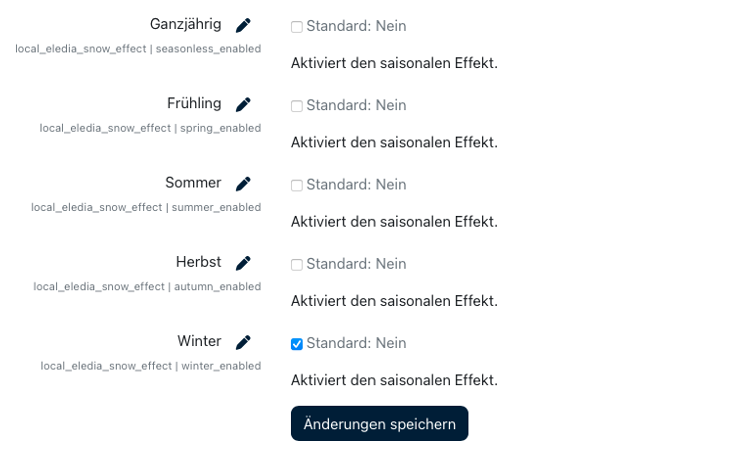 Screenshot: Aktiviert den saisonalen EffektKI-generierte Inhalte können fehlerhaft sein.