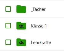 Der Ordner _Fächer ist nur grün, die anderen beiden Ordner haben zusätzlich ein schwarzes Gruppensysmbol auf dem Ordner.