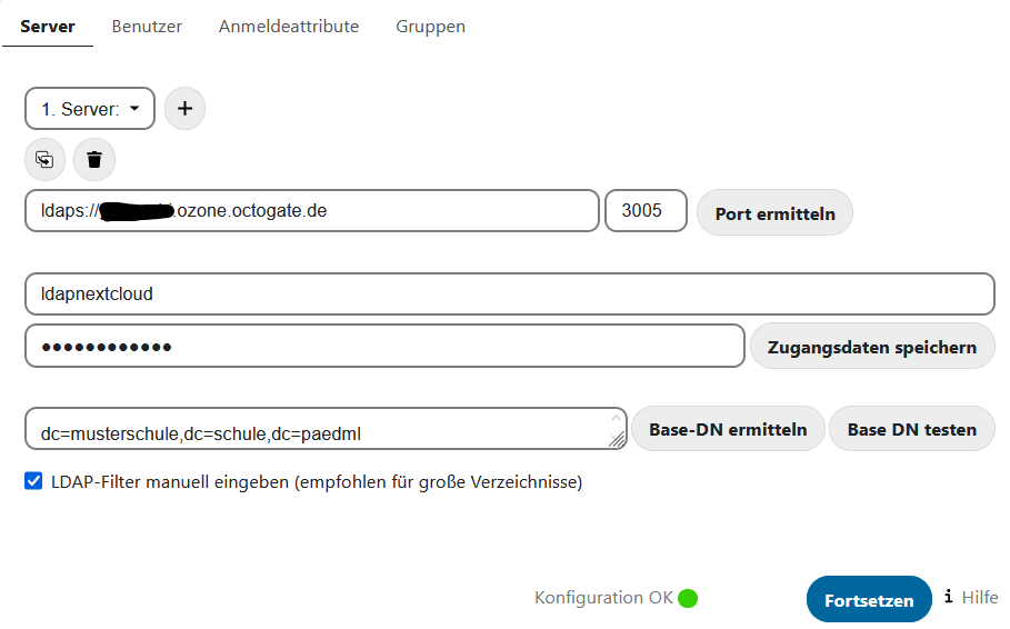 Ausgefüllte Konfigurationsseite der Registerkarte Server, unten im Fenster steht Konfiguration OK, dahinter leuchtet ein grüner Punkt