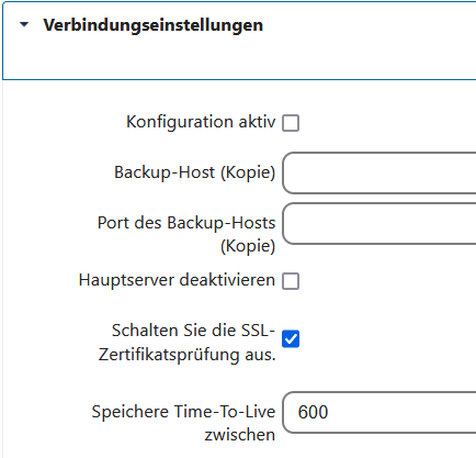 Geöffnetes Menü zur Konfigration der Verbindungseinstellungen