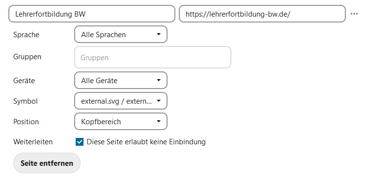 Geöffnete Konfigurationsmanü zum Anlegen eines Links.