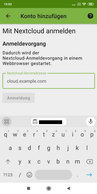 Eingabefenster für Server-URL mit Beispieladresse