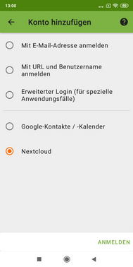 Menüseite Konto hinzufügen, Nextcloud ist ausgewählt